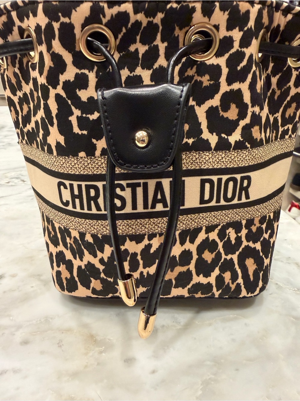 Dior Leopard-Print Drawstring Bucket Bag in Beige and Black “GWP”